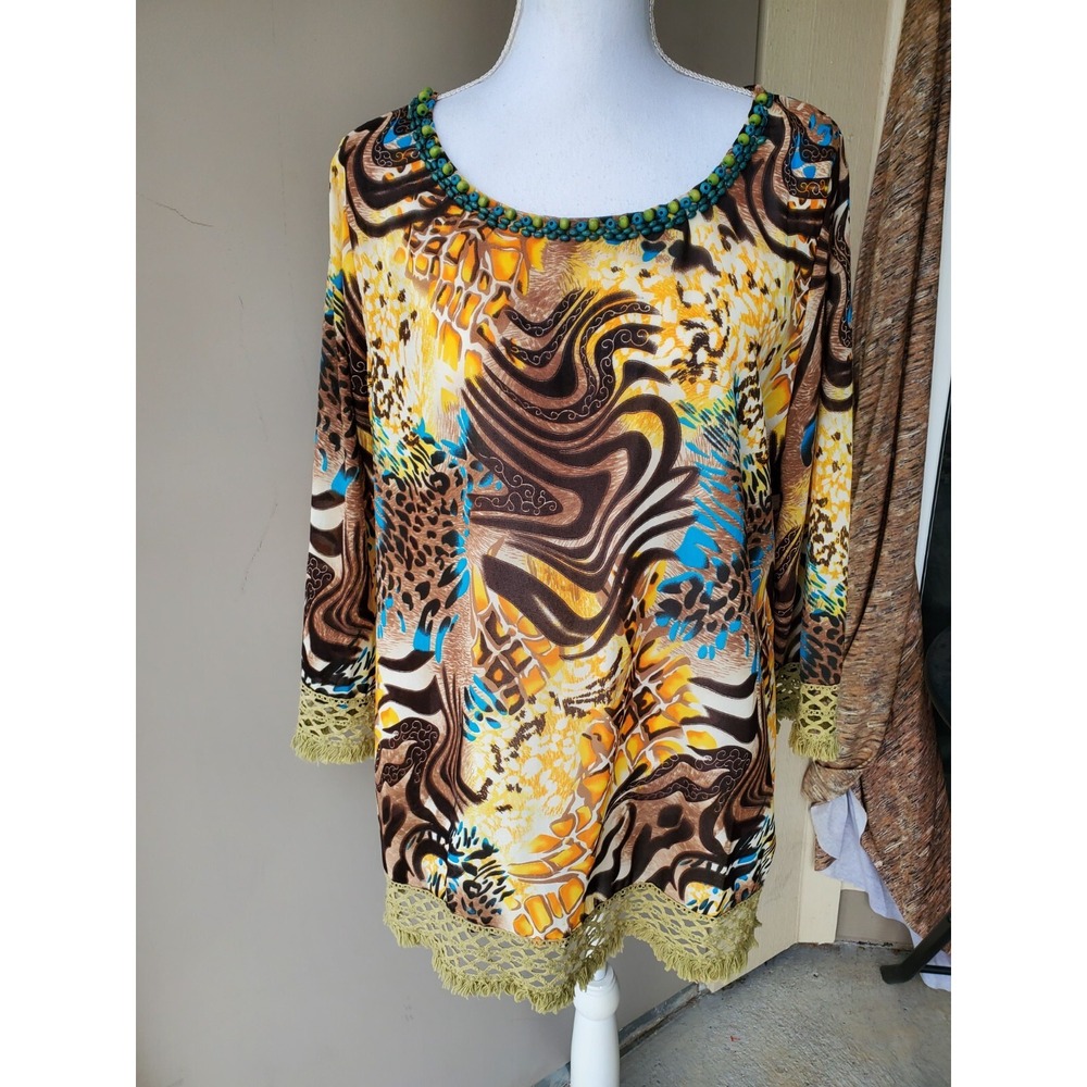 Urban Mangoz Boho Tunic Top Women XL Brown Abstract Beaded Crochet Fringe